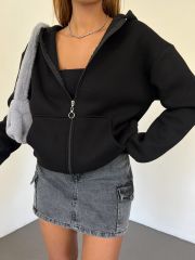 Unisex Kapüşonlu Fermuarlı Rahat Kalıp Sweatshırt Hırka Siyah - L