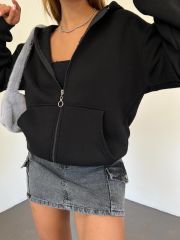 Unisex Kapüşonlu Fermuarlı Rahat Kalıp Sweatshırt Hırka Siyah - L