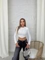 Bisiklet Yaka Uzun Kol Taşlı Crop Bluz Beyaz - L