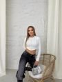 Bisiklet Yaka Uzun Kol Taşlı Crop Bluz Beyaz - L