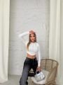 Bisiklet Yaka Uzun Kol Taşlı Crop Bluz Beyaz - L