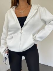 Unisex Kapüşonlu Fermuarlı Rahat Kalıp Sweatshırt Hırka Beyaz - L