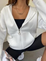 Unisex Kapüşonlu Fermuarlı Rahat Kalıp Sweatshırt Hırka Beyaz - L