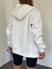 Unisex Kapüşonlu Fermuarlı Rahat Kalıp Sweatshırt Hırka Beyaz - L