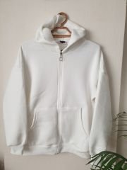 Unisex Kapüşonlu Fermuarlı Rahat Kalıp Sweatshırt Hırka Beyaz - L