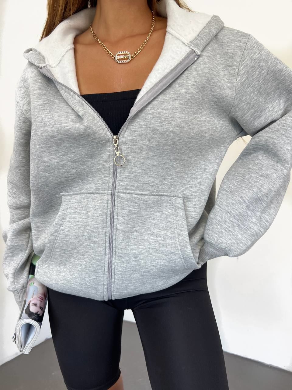 Unisex Kapüşonlu Fermuarlı Rahat Kalıp Sweatshırt Hırka Gri - L