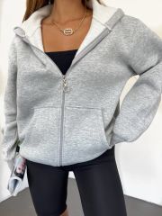 Unisex Kapüşonlu Fermuarlı Rahat Kalıp Sweatshırt Hırka Gri - L