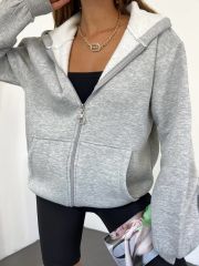Unisex Kapüşonlu Fermuarlı Rahat Kalıp Sweatshırt Hırka Gri - L