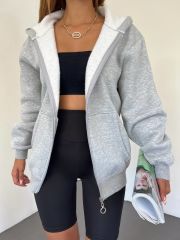 Unisex Kapüşonlu Fermuarlı Rahat Kalıp Sweatshırt Hırka Gri - L