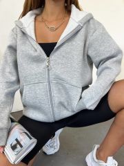 Unisex Kapüşonlu Fermuarlı Rahat Kalıp Sweatshırt Hırka Gri - L