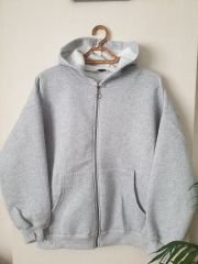 Unisex Kapüşonlu Fermuarlı Rahat Kalıp Sweatshırt Hırka Gri - L
