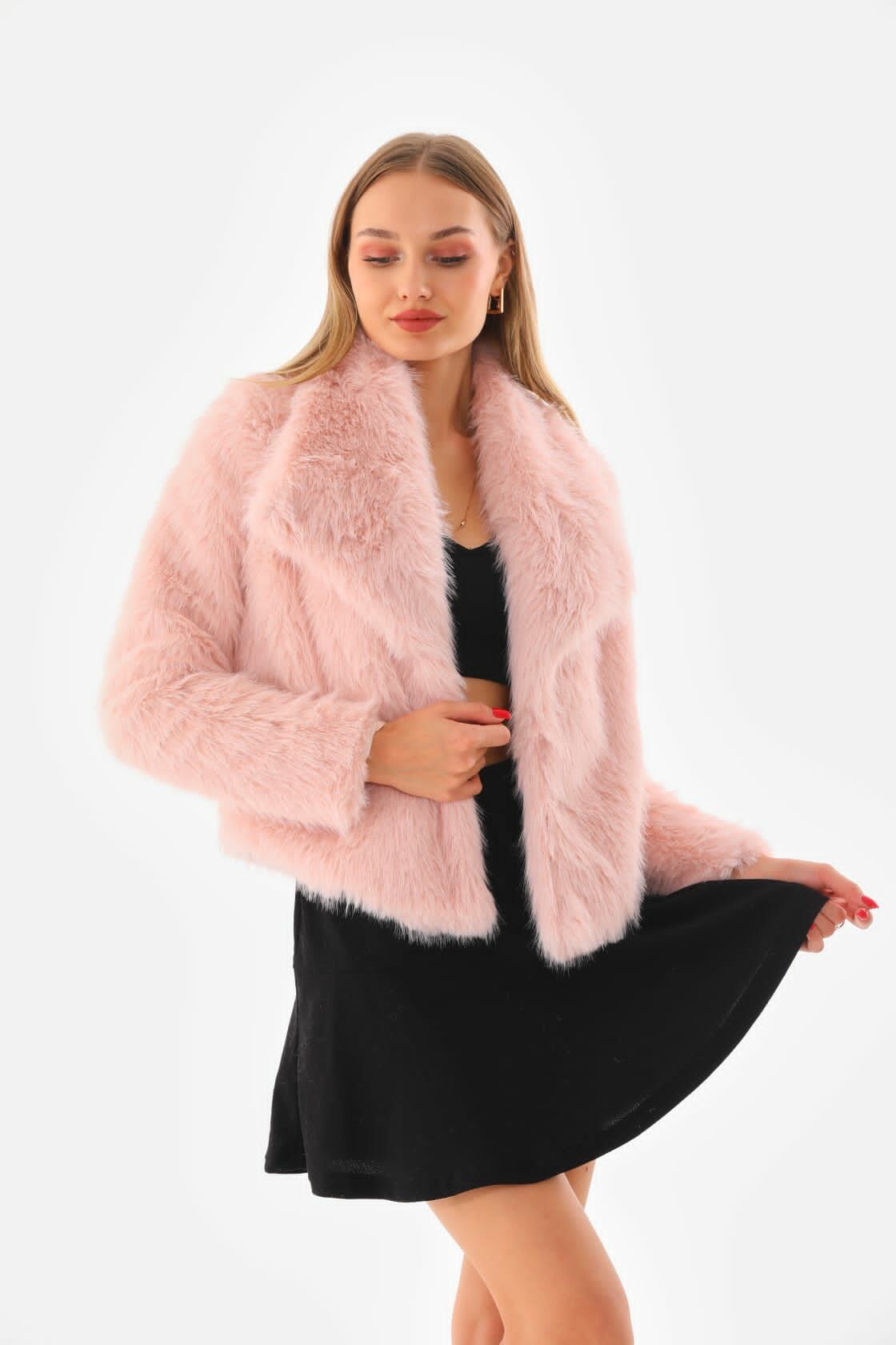 Geniş Ceket Yakalı Belde Astarlı Kopçalı Kürk Pembe - L