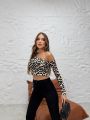 Tek Omzu Açık Uzun Kol Leopar Crop Bluz Leopar - L
