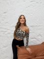 Tek Omzu Açık Uzun Kol Leopar Crop Bluz Leopar - L