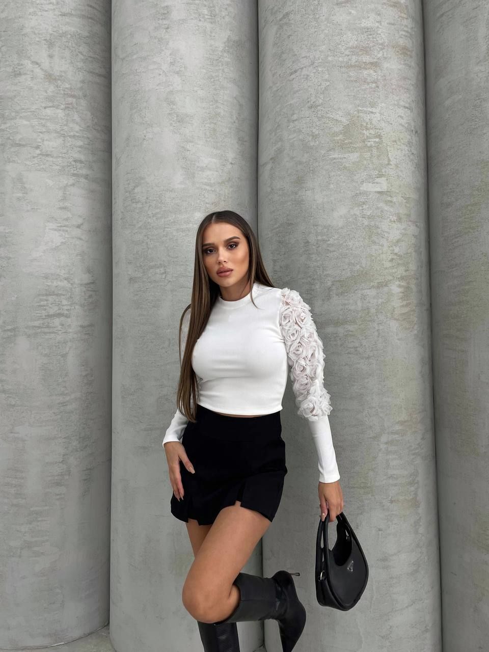 Kolları Tül Çiçekli Güllü Crop Bluz Beyaz - L