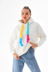 Kapüşonlu Kanguru Cepli Oversize Salaş Sweatshırt Beyaz - M