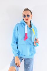 Kapüşonlu Kanguru Cepli Oversize Salaş Sweatshırt Mavi - M