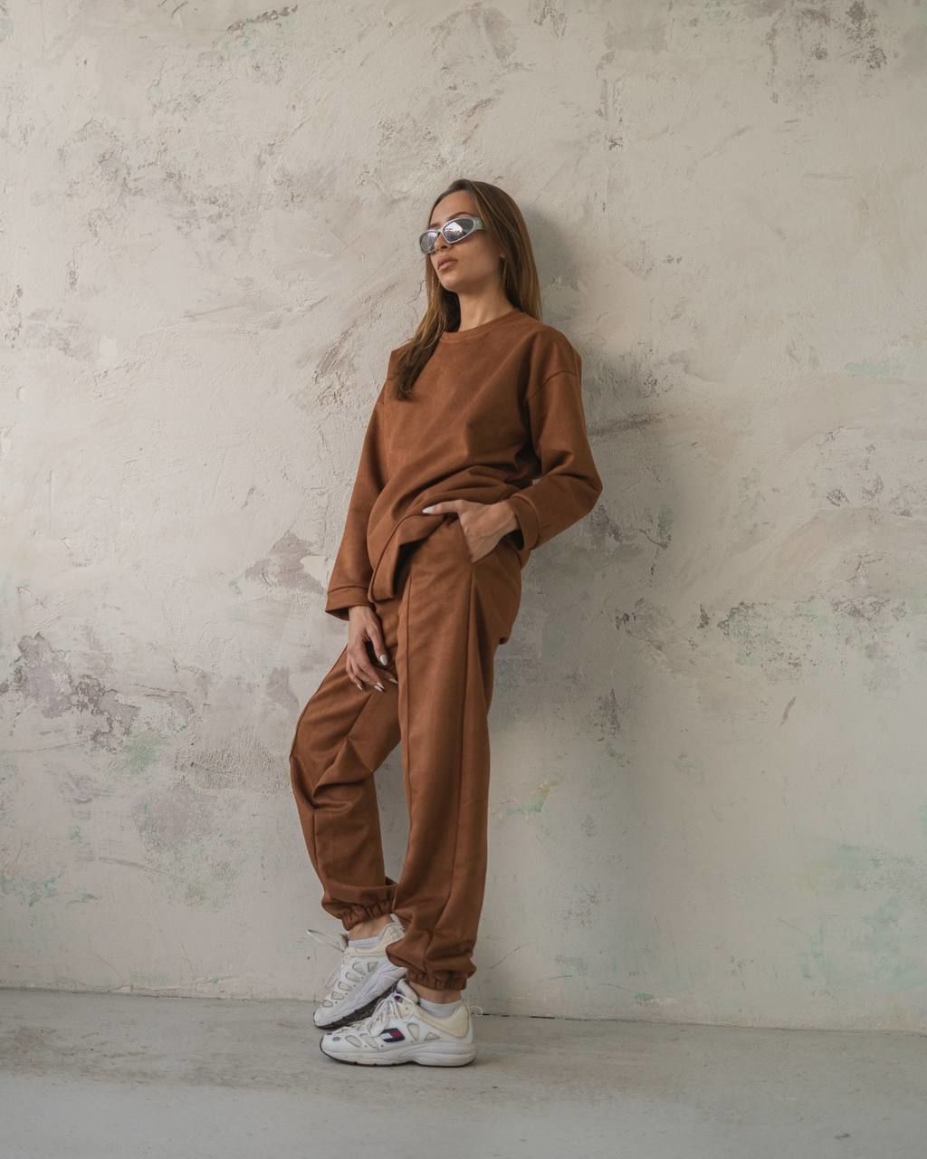 Çok Bol Oversize Bol Kesim Süet Sweat Pantolon ikili Takım Kahverengi - XL