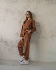 Çok Bol Oversize Bol Kesim Süet Sweat Pantolon ikili Takım Kahverengi - XL