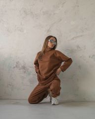 Çok Bol Oversize Bol Kesim Süet Sweat Pantolon ikili Takım Kahverengi - XL