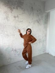 Çok Bol Oversize Bol Kesim Süet Sweat Pantolon ikili Takım Kahverengi - XL