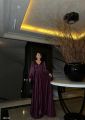 V Yaka Balon Kol Şifon Simli Uzun Abiye Elbise Bordo - L