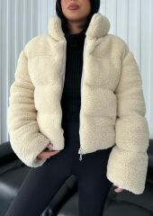 Teddy Kumaş Dik Yaka Fermuarlı Peluş Mont Bej - L