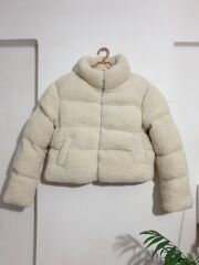 Teddy Kumaş Dik Yaka Fermuarlı Peluş Mont Bej - L