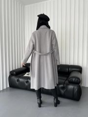 Kuşaklı Astarlı Uzun Kaşe Kaban Gri - L