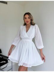 Dar Kesim Kruvaze Yaka Uzun Kol Astarlı Şifon Kloş Mini Elbise Beyaz - S