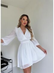 Dar Kesim Kruvaze Yaka Uzun Kol Astarlı Şifon Kloş Mini Elbise Beyaz - S