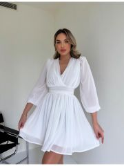 Dar Kesim Kruvaze Yaka Uzun Kol Astarlı Şifon Kloş Mini Elbise Beyaz - M