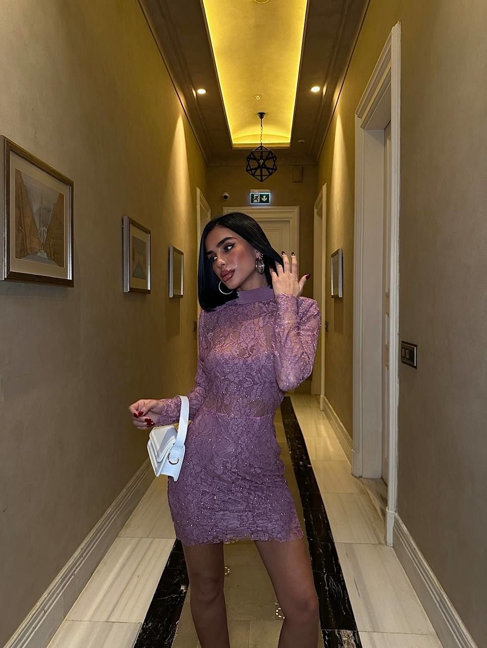 Simli Kumaş Astarlı Dantelli Transparan Mini Elbise Pembe - L