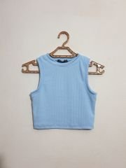 Sıfır Kol Crop Geniş Paça Palazzo Pantolon İkili Takım Bebe Mavi - M