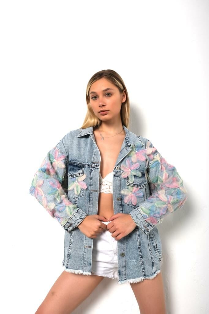 Salaş Oversize Çiçekli Jean Ceket Mavi - L