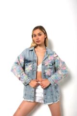 Salaş Oversize Çiçekli Jean Ceket Mavi - L