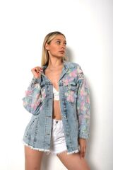 Salaş Oversize Çiçekli Jean Ceket Mavi - L