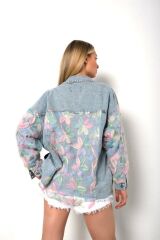 Salaş Oversize Çiçekli Jean Ceket Mavi - L