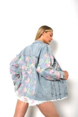 Salaş Oversize Çiçekli Jean Ceket Mavi - L