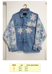 Salaş Oversize Çiçekli Jean Ceket Mavi - L