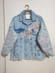 Salaş Oversize Çiçekli Jean Ceket Mavi - L