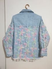 Salaş Oversize Çiçekli Jean Ceket Mavi - L