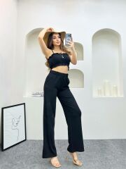 Gofre Kumaş Crop Bluz Pantolon İkili Takım Siyah - M