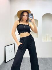Gofre Kumaş Crop Bluz Pantolon İkili Takım Siyah - M