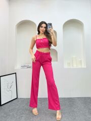 Gofre Kumaş Crop Bluz Pantolon İkili Takım Fuşya - L