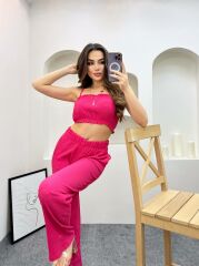 Gofre Kumaş Crop Bluz Pantolon İkili Takım Fuşya - L