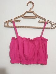 Gofre Kumaş Crop Bluz Pantolon İkili Takım Fuşya - L