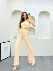 Gofre Kumaş Crop Bluz Pantolon İkili Takım Bej - L