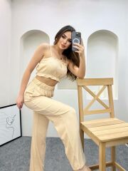 Gofre Kumaş Crop Bluz Pantolon İkili Takım Bej - L