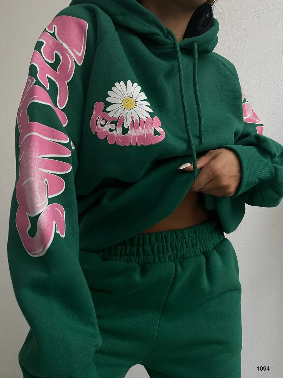 Ön Sırt ve Kol Baskılı Salaş Bol Kesim Oversize Kapüşonlu Sweatshırt Yeşil - M